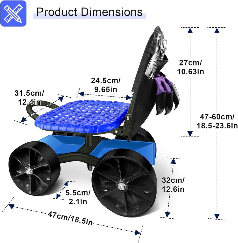 iCover Garden Cart Rolling Stool Four Wheels with Tool Bag and Two Patio Gloves, Stable Workseat Sturdy Carts Adjustable Seat Height and Direction, Gardening Helper - Image 2